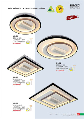 Đèn mâm led + quạt không cánh Euroto ML-91, ML-92, ML-93, ML-94