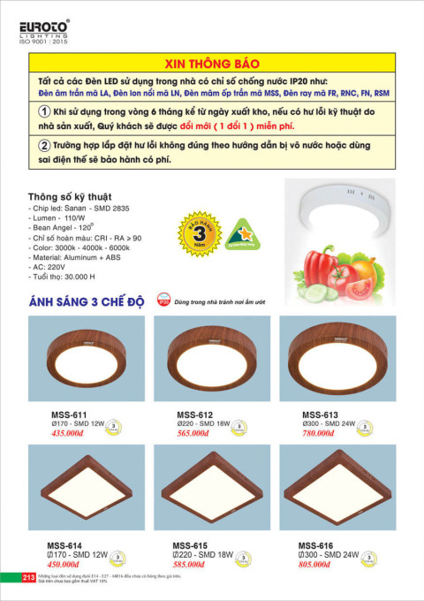 Đèn mâm áp trần Euroto MSS-611, MSS-612, MSS-613, MSS-614, MSS-615, MSS-616