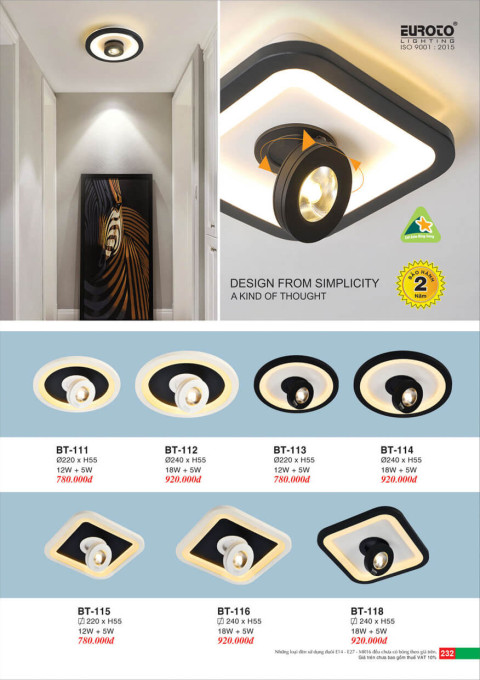Đèn mâm áp trần Euroto BT-111, BT-112, BT-113, BT-114, BT-115, BT-116, BT-118