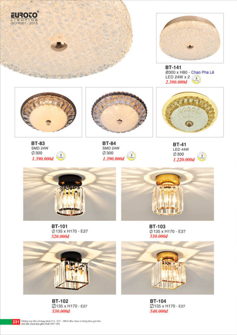 Đèn mâm áp trần Euroto BT-141, BT-41, BT-83, BT-84, BT-101, BT-102, BT-103, BT-104