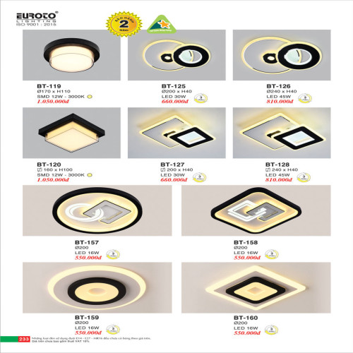 Đèn mâm áp trần Euroto BT-119, BT-120, BT-125, BT-126, BT-127, BT-128, BT-157, BT-158, BT-159, BT-160