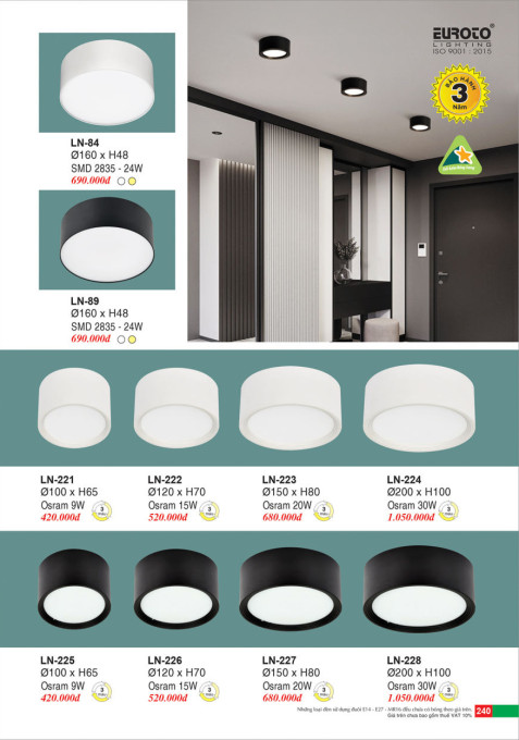 Đèn lon nổi ốp trần Euroto LN-221, LN-222, LN-223, LN-224, LN-225, LN-226, LN-227, LN-228, LN-84, LN-89