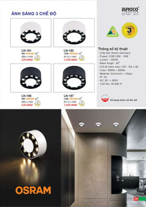 Đèn lon nổi ốp trần Euroto LN-181, LN-182, LN-186, LN-187