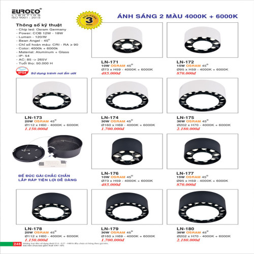 Đèn lon nổi ốp trần Euroto LN-171, LN-172, LN-173, LN-174, LN-175, LN-176, LN-177, LN-178, LN-179, LN-180