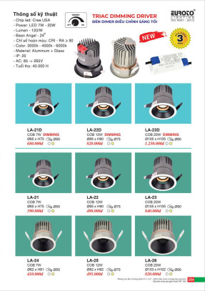 Đèn led âm trần dimer điều chỉnh sáng tối Euroto LA-21D, LA-22D, LA-23D, LA-21, LA-22, LA-23, LA-24, LA-25, LA-26