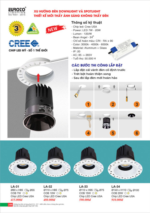 Đèn led âm trần spotlight Euroto LA-31, LA-32, LA-33, LA-34