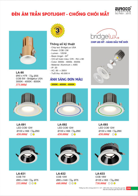 Đèn led âm trần spotlight Euroto LA-90, LA-591, LA-592, LA-593, LA-631, LA-632, LA-633