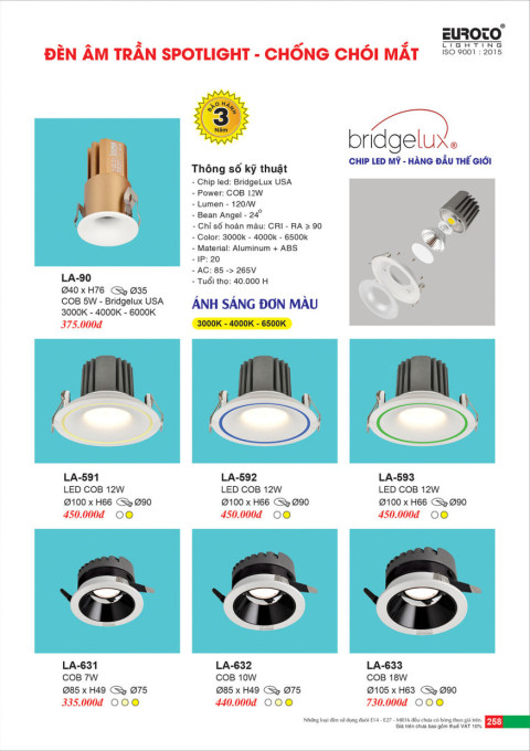 Đèn led âm trần spotlight Euroto LA-90, LA-591, LA-592, LA-593, LA-631, LA-632, LA-633