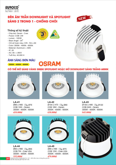 Đèn led âm trần spotlight Euroto LA-41, LA-42, LA-43, LA-44, LA-45