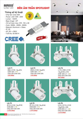 Đèn led âm trần spotlight Euroto LA-71, LA-72, LA-73, LA-74, LA-75, LA-76