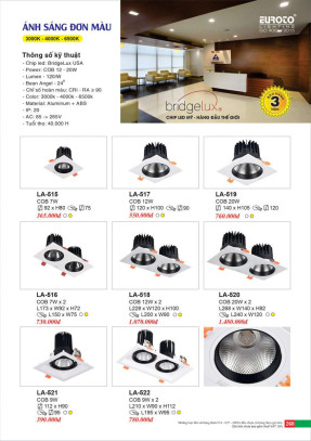 Đèn led âm trần Euroto LA-515, LA-516, LA-517, LA-518, LA-519, LA-520, LA-521, LA-522