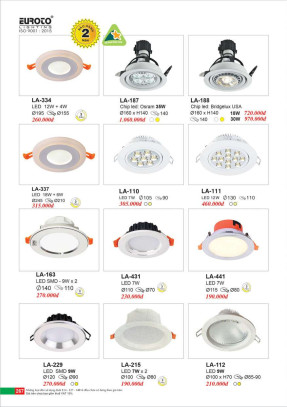 Đèn led âm trần Euroto LA-334, LA-337, LA-187, LA-188, LA-110, LA-111, LA-112, LA-163, LA-431, LA-441, LA-229, LA-215
