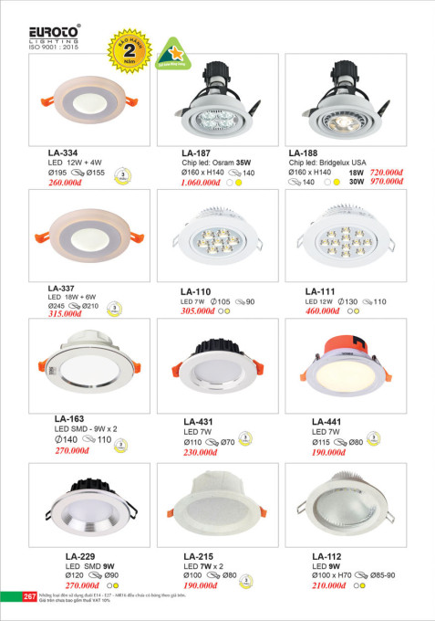 Đèn led âm trần Euroto LA-334, LA-337, LA-187, LA-188, LA-110, LA-111, LA-112, LA-163, LA-431, LA-441, LA-229, LA-215