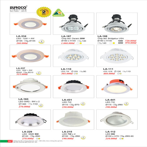 Đèn led âm trần Euroto LA-334, LA-337, LA-187, LA-188, LA-110, LA-111, LA-112, LA-163, LA-431, LA-441, LA-229, LA-215
