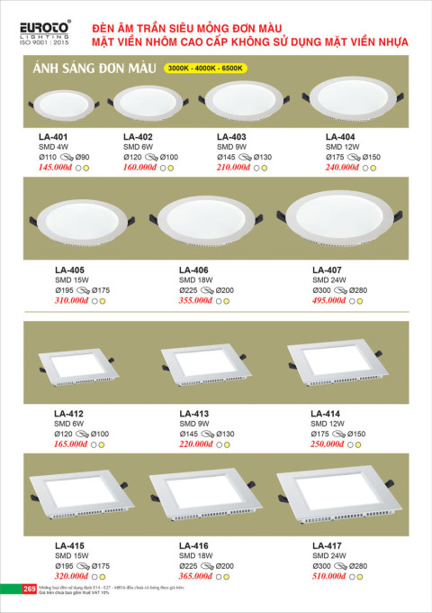Đèn led âm trần Euroto LA-401, LA-402, LA-403, LA-404, LA-405, LA-406, LA-407, LA-412, LA-413, LA-414, LA-415, LA-416, LA-417