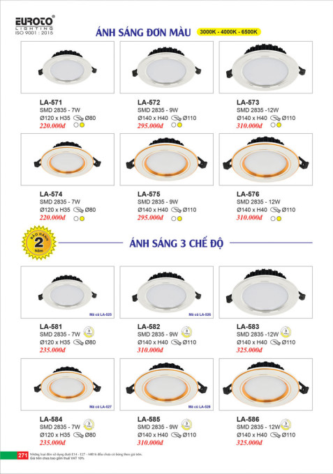 Đèn led âm trần Euroto LA-571, LA-572, LA-573, LA-574, LA-575, LA-576, LA-581, LA-582, LA-583, LA-584, LA-585, LA-586