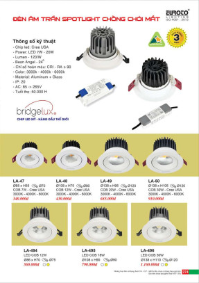 Đèn led âm trần spotlight Euroto LA-47, LA-48, LA-49, LA-50, LA-494, LA-495, LA-496