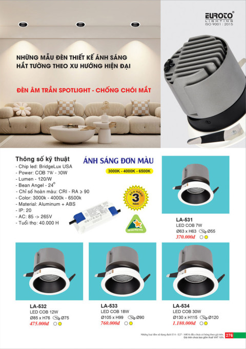 Đèn led âm trần spotlight Euroto LA-531, LA-532, LA-533, LA-534