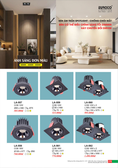 Đèn led âm trần spotlight Euroto LA-557, LA-558, LA-559, LA-560, LA-561, LA-562