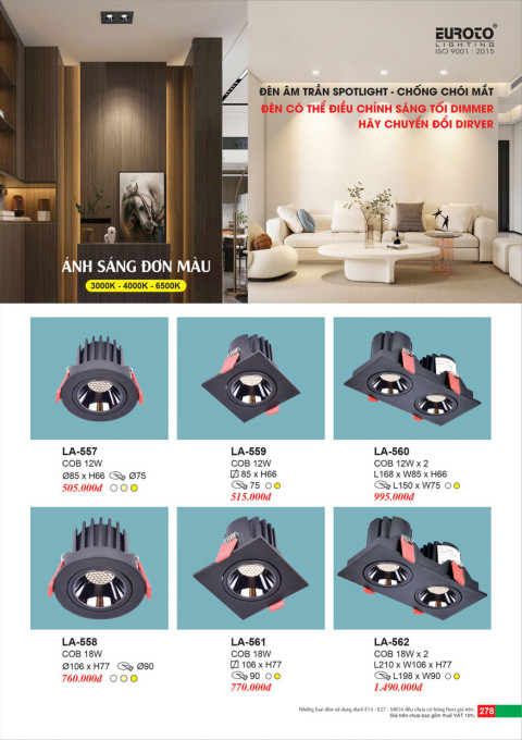 Đèn led âm trần spotlight Euroto LA-557, LA-558, LA-559, LA-560, LA-561, LA-562