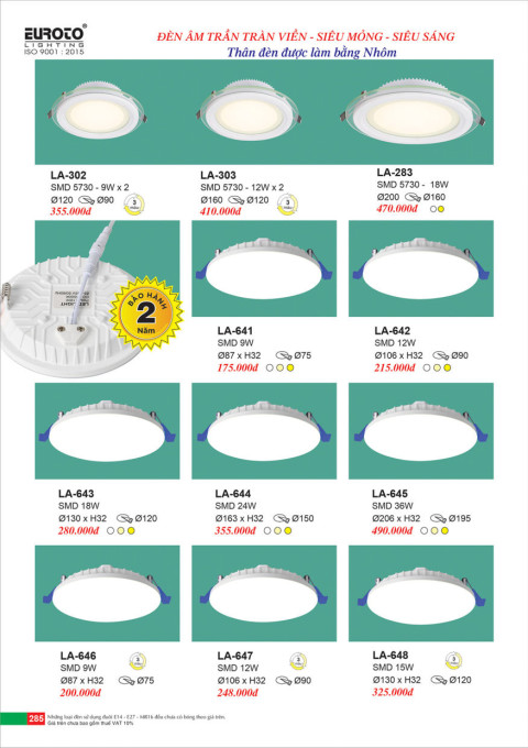 Đèn led âm trần tràn viền Euroto LA-302, LA-303, LA-283, LA-641, LA-642, LA-643, LA-644, LA-645, LA-646, LA-647, LA-648