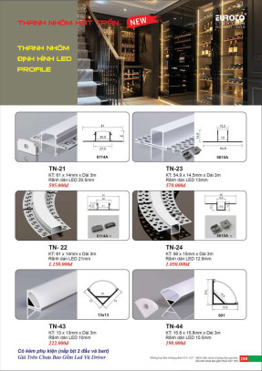 Thanh nhôm định hình led profile Euroto TN-21, TN-22, TN-23, TN-24, TN-43, TN-44