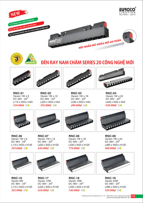 Đèn ray nam châm series 20 Euroto RNC-01, RNC-02, RNC-03, RNC-04, RNC-06, RNC-07, RNC-08, RNC-09, RNC-16, RNC-17, RNC-18, RNC-19
