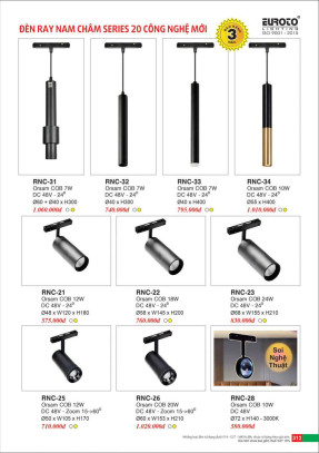 Đèn ray nam châm series 20 Euroto RNC-31, RNC-32, RNC-33, RNC-34, RNC-21, RNC-22, RNC-23, RNC-25, RNC-26, RNC-28