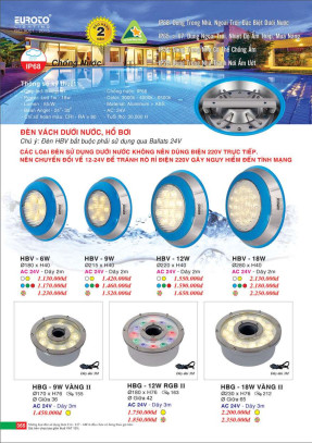 Đèn vách dưới nước, hồ bơi Euroto HBV 6W, HBV 9W, HBV 12W, HBV 18W, HBG 9W, HBG 12W, HBG 18W