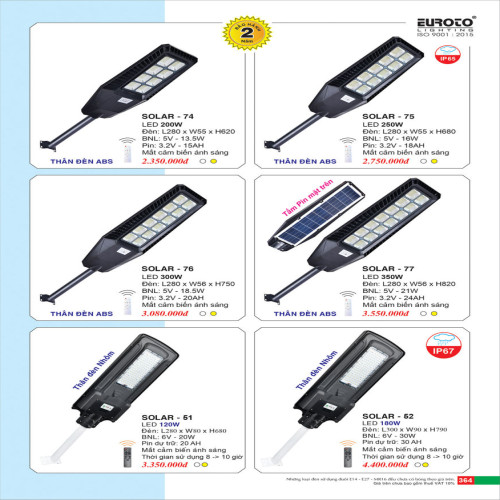 Đèn đường năng lượng mặt trời Euroto SOLAR - 74, SOLAR - 75, SOLAR - 76, SOLAR - 77, SOLAR - 51, SOLAR - 52