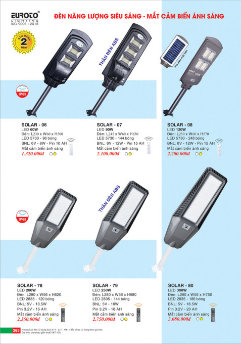 Đèn đường năng lượng mặt trời Euroto SOLAR - 06, SOLAR - 07, SOLAR - 08, SOLAR - 78, SOLAR - 79, SOLAR - 80