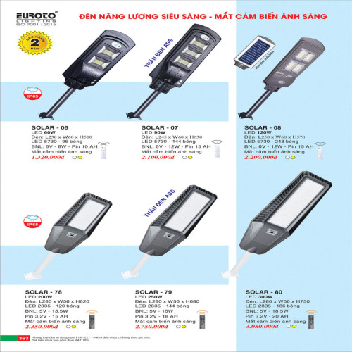 Đèn đường năng lượng mặt trời Euroto SOLAR - 06, SOLAR - 07, SOLAR - 08, SOLAR - 78, SOLAR - 79, SOLAR - 80
