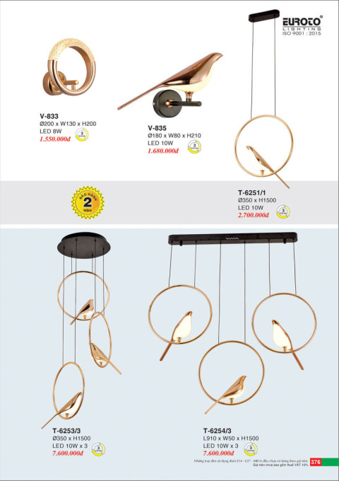 Đèn thả Euroto T-6251/1, T-6253/3, T-6254/3, V-833, V-835