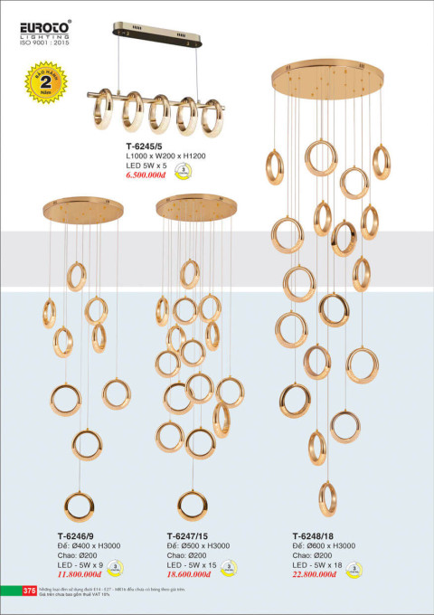 Đèn thả Euroto T-6245/5, T-6246/9, T-6247/15, T-6248/18