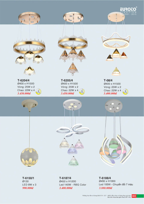 Đèn thả Euroto T-6204/4, T-6205/4, T-08/4, T-6150/1, T-6187/4, T-6188/4