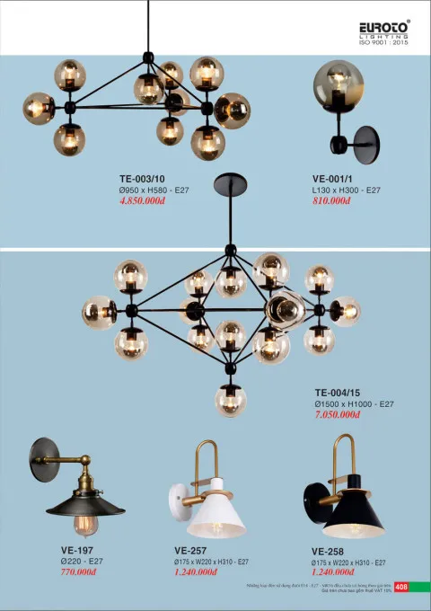 Đèn thả Euroto TE-003/10, TE-004/15, V-001/1, VE-197, VE-257, VE-258
