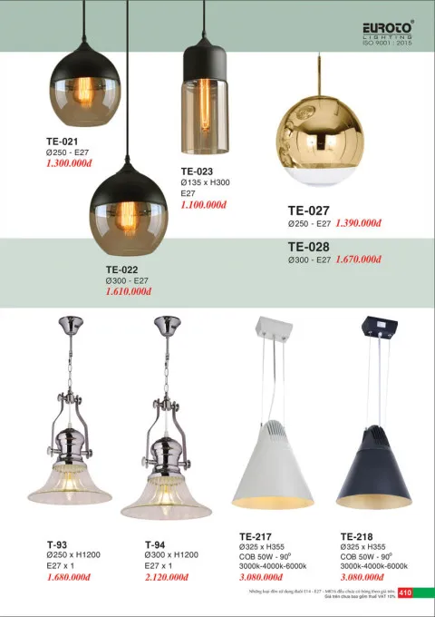 Đèn thả Euroto TE-21, TE-22, TE-23, TE-27, TE-28, TE-93, TE-94, TE-217, TE-218