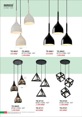 Đèn thả Euroto TE-065/1, TE-065/3, TE-066/1, TE-066/3, TE-069/3, TE-071/1, TE-071/3, TE-072/1, TE-072/3