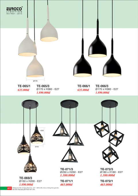 Đèn thả Euroto TE-065/1, TE-065/3, TE-066/1, TE-066/3, TE-069/3, TE-071/1, TE-071/3, TE-072/1, TE-072/3