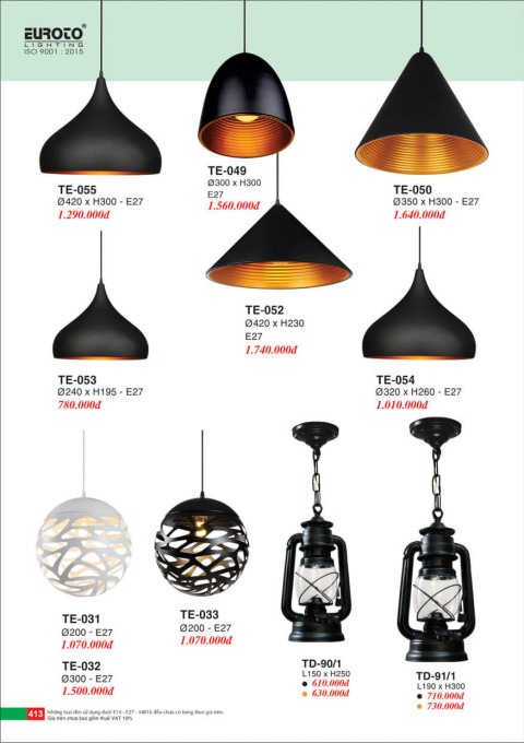 Đèn thả Euroto TE-49, TE-50, TE-52, TE-53, TE-54, TE-55, TE-31, TE-32, TE-33, TE-90/1, TE-91/1