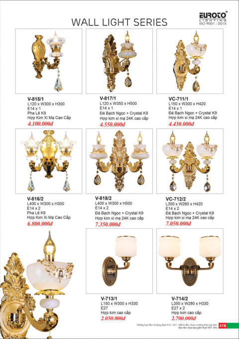 Đèn vách Euroto V-815/1, V-816/2, V-817/1, V-818/2, V-711/1, V-712/2, V-713/1, V-714/2