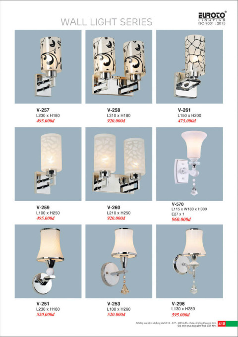 Đèn vách Euroto V-257, V-258, V-259, V-260, V-261, V-570, V-251, V-253, V-296