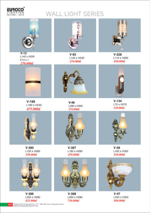 Đèn vách Euroto V-12, V-93, V-228, V-199, V-46, V-134, V-395, V-397, V-39, V-396, V-398, V-47