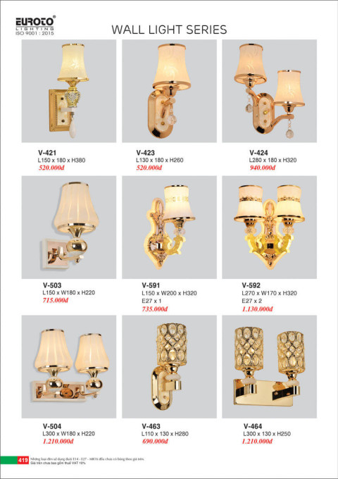 Đèn vách Euroto V-421, V-423, V-424, V-503, V-504, V-591, V-592, V-463, V-464
