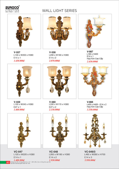 Đèn vách Euroto V-557, V-558, V-559, V-560, V-567, V-568, VC-047, VC-048, VC-049/3