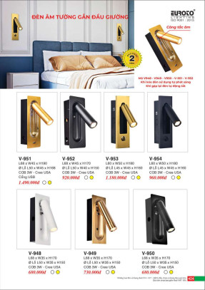 Đèn âm tường gắn đầu giường Euroto V-951, V-952, V-953, V-954, V-948, V-949, V-950
