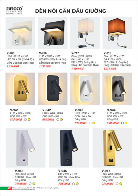 Đèn nổi gắn đầu giường Euroto V-785, V-786, V-717, V-718, V-941, V-942, V-943, V-944, V-945, V-946, V-947