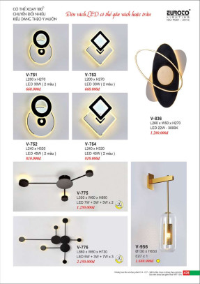 Đèn vách Euroto V-751, V-752, V-753, V-754, V-775, V-776, V-836, V-956