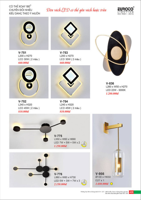 Đèn vách Euroto V-751, V-752, V-753, V-754, V-775, V-776, V-836, V-956