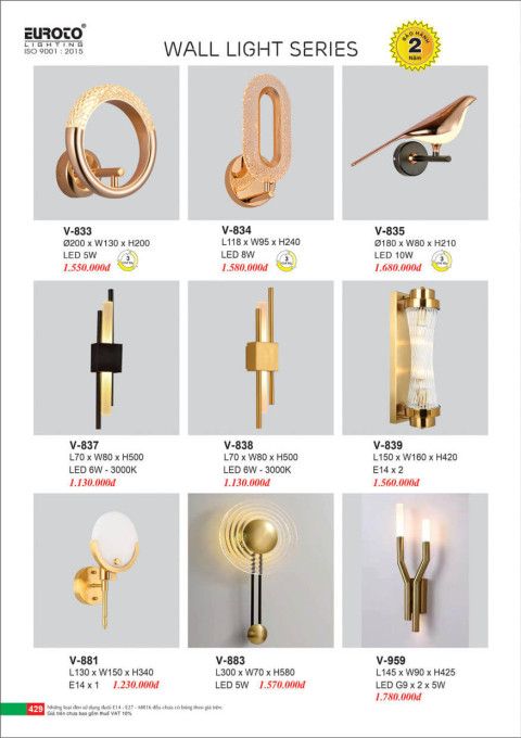 Đèn vách Euroto V-833, V-834, V-835, V-837, V-838, V-839, V-881, V-883, V-959